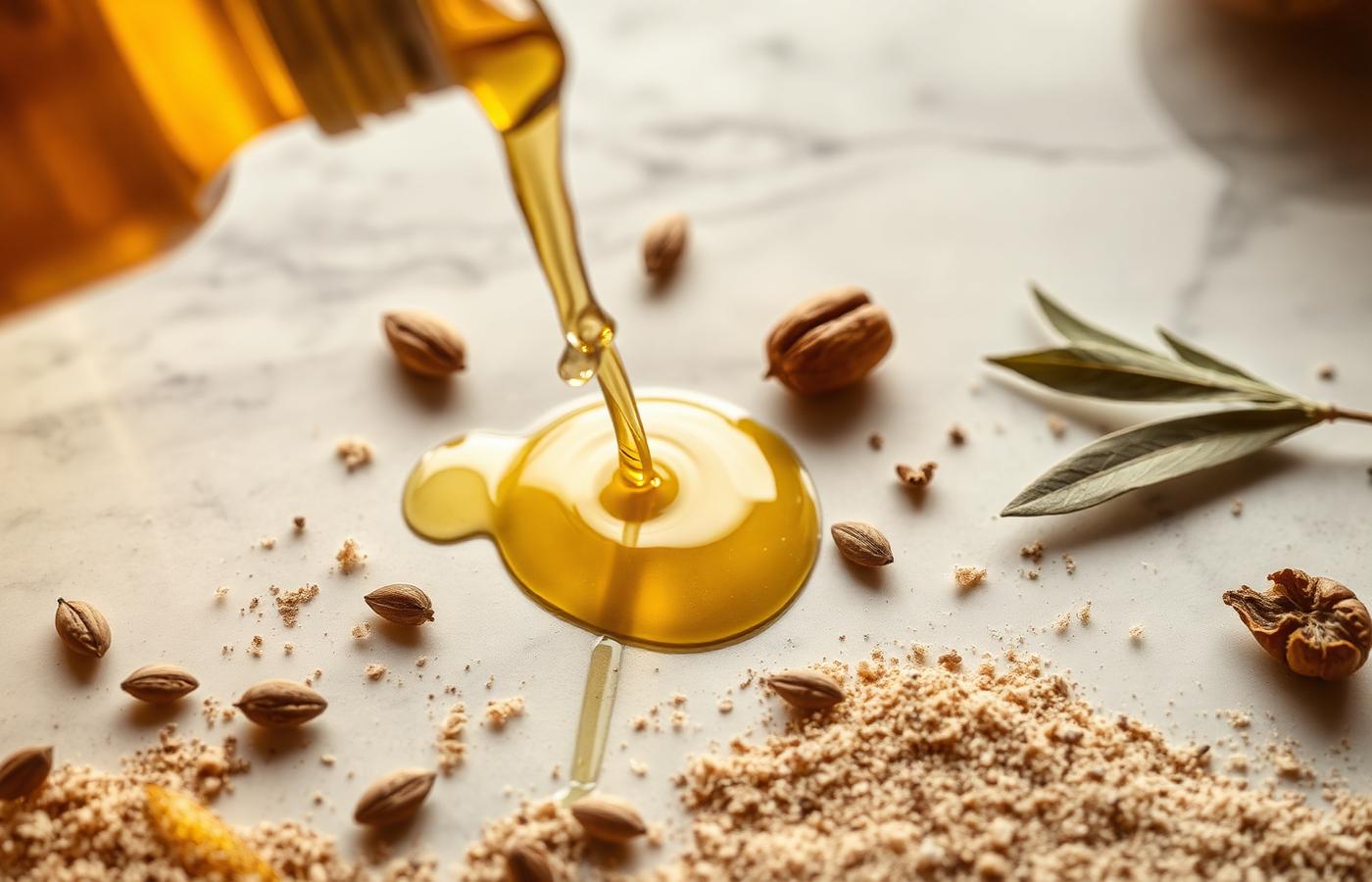 Óleo vegetal dourado sendo derramado sobre mármore com sementes e folhas